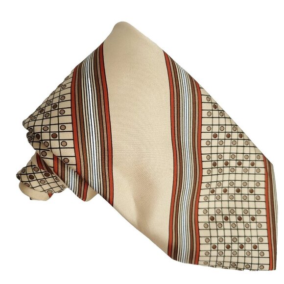 Striped Tie Necktie Geometric Checked Dots Circles Tan Brown Red Vintage 70s - Picture 1 of 5
